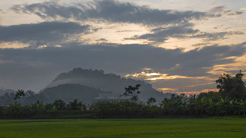 Sun rising on a green landscape